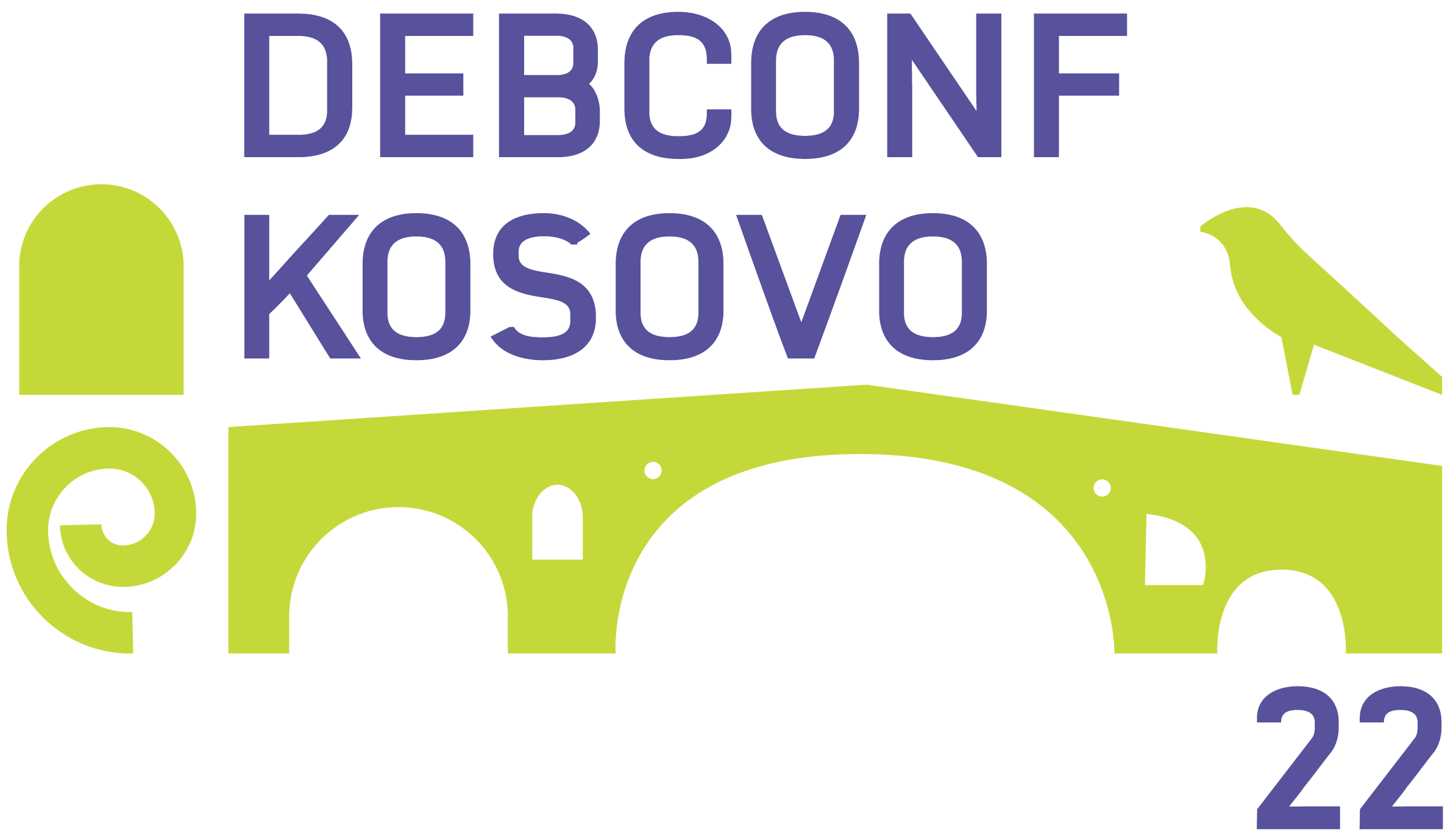 A bridge in the middle with a bird on the right and a spiral on the left. On the top, DebConf Kosovo is written while 22 is wwritten at the bottom.