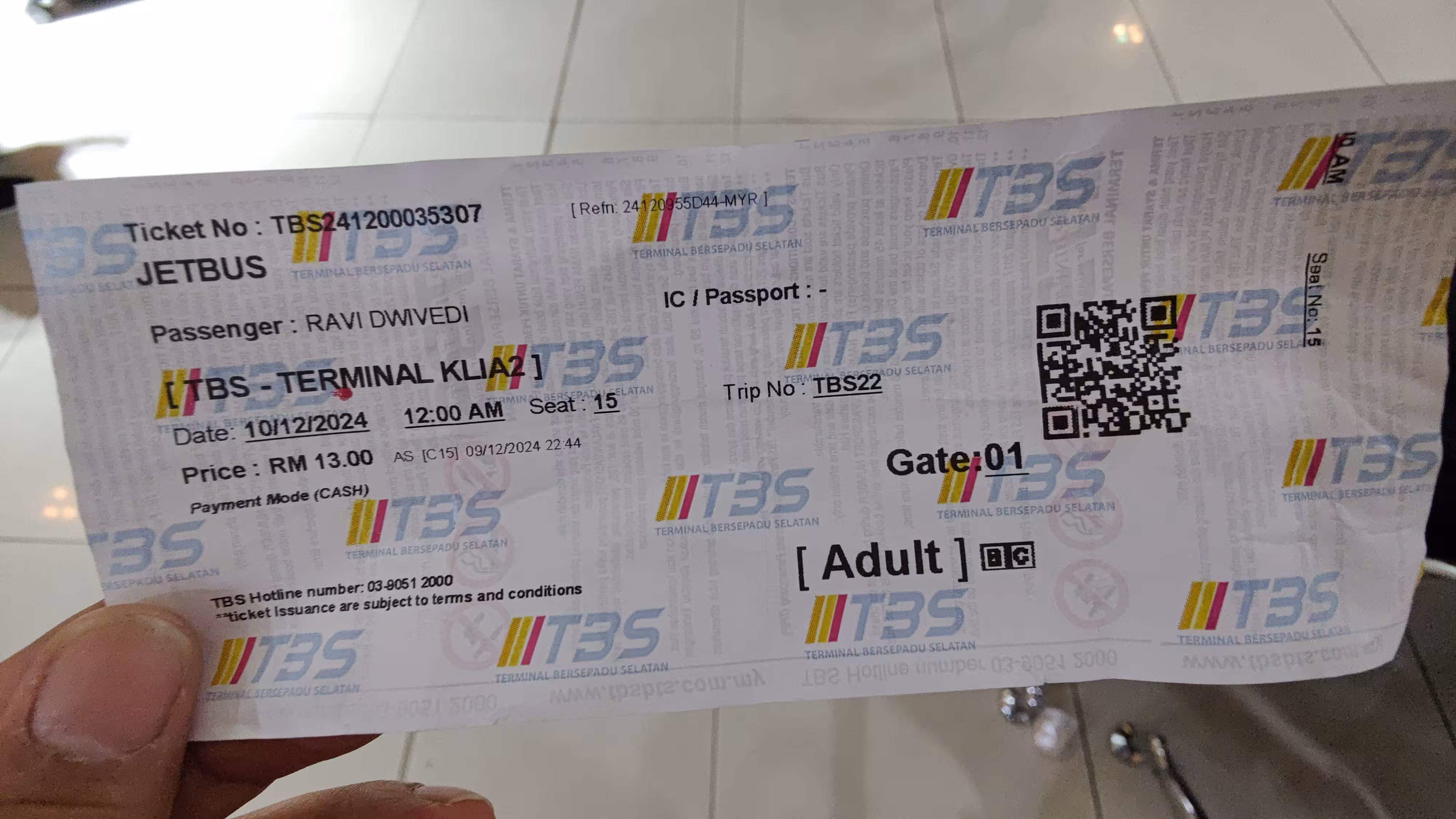 My boarding pass for the bus to the airport in Kuala Lumpur