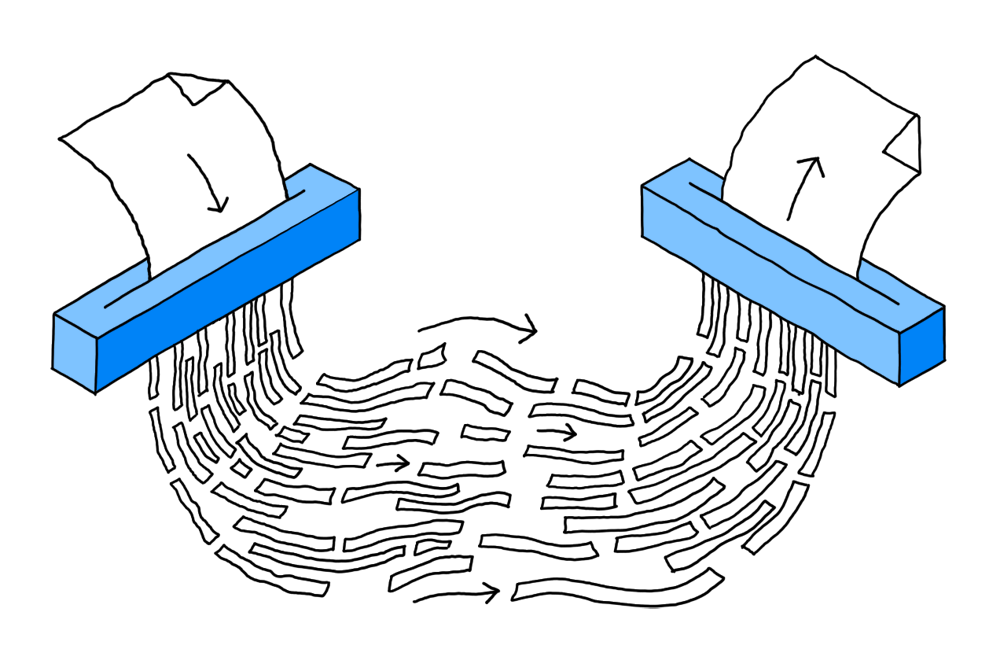 Drawing: Paper is passed through a device which shreds it into fragments. The fragments travel some distance and then are re-assembled by another device