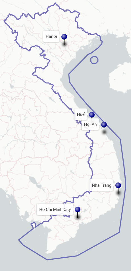 Vietnam map with Ho Chi Minh City, Nha Trang, Hoi An, Hue and Hanoi labeled.